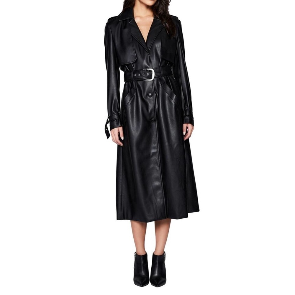 Bardot Women's XS Vegan Leather Trench‎ Coat Black Silver Buckle Belted NEW